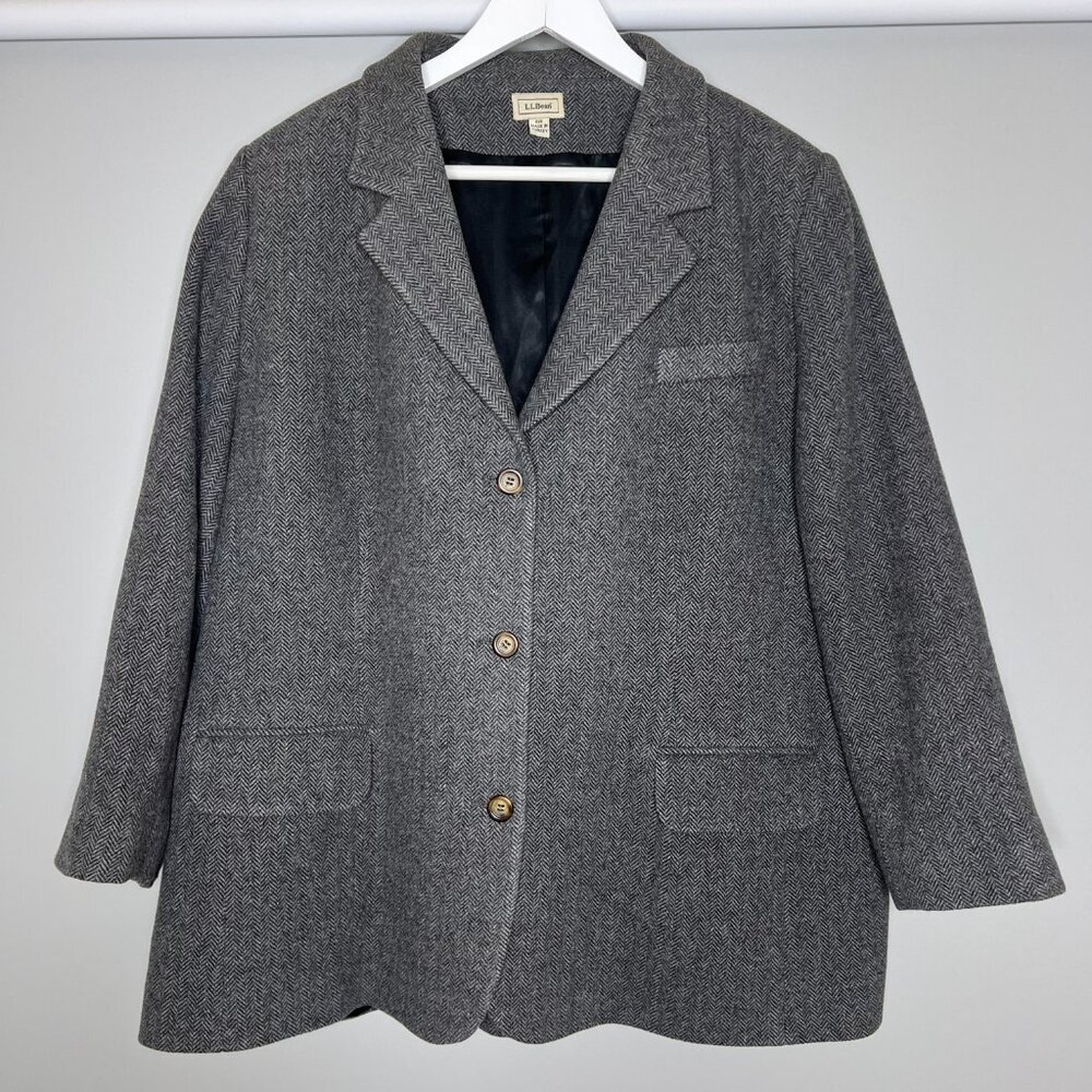 LL Bean Wool & Cashmere Grey Herringbone Tweed Sport‎ Coat Blazer Jacket 22E